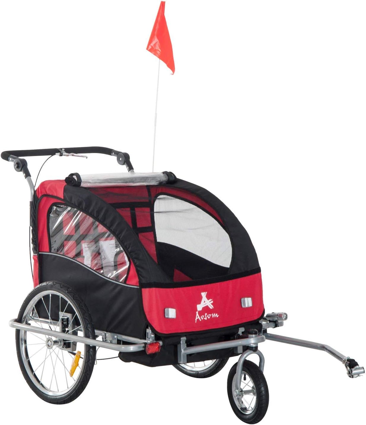 Janhiny Elite 3-in-1 Double Child Bike Two-Wheel Bicycle CargoTrailer with 2 Safety Harnesses - Red/Black