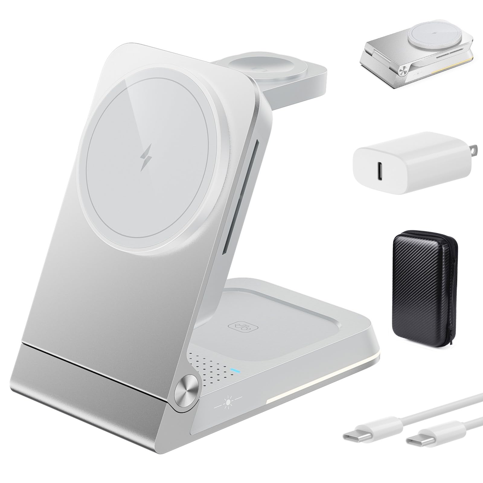 Foldable Wireless Charger 3 in 1 - Magnetic Wireless Charging Station for Apple Magsafe Charger Stand with Light,Aluminum Portable Travel Charger Dock for iPhone 17/16/15/14/13/12,Apple Watch,AirPods
