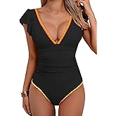Aidonger Women's One Piece Ruffle Swimsuit Tummy Control Bathing Suit V Neck Shell Stitched Swim Suit Slimming Swimwear