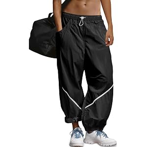 Fisoew Womens Baggy Wide Leg Pants Elastic Waist Track Pants | Color Block, Loose Fit, Workout, Pockets