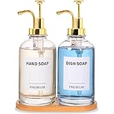 Dish Soap Dispenser for Kitchen, Hand Glass Soap Dispenser Set with Pump, Tray, Funnel for Bathroom, Shower, Laundry, Liquid, Lotion (Gold 2 Pack 18 Oz Clear Bottles with 12 Stickers)