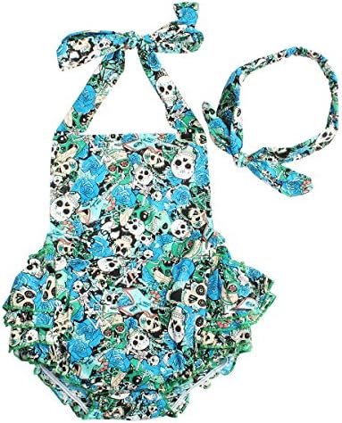 Baby Girls 2pcs Sets Cotton Ruffles Romper Outfits Clothes (S:6Months, Blue Skull)