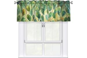 Kitchen Window Valance with Green Leaves Pattern 54x18 in, Window Treatment Decor Rod Pocket Short Curtain Valances for Bathr