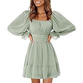 EXLURA Women's 2026 Casual Long Lantern Sleeve Dresses Square Neck Ruffle Tie Back Elastic Waist Aline Short Mini Dress