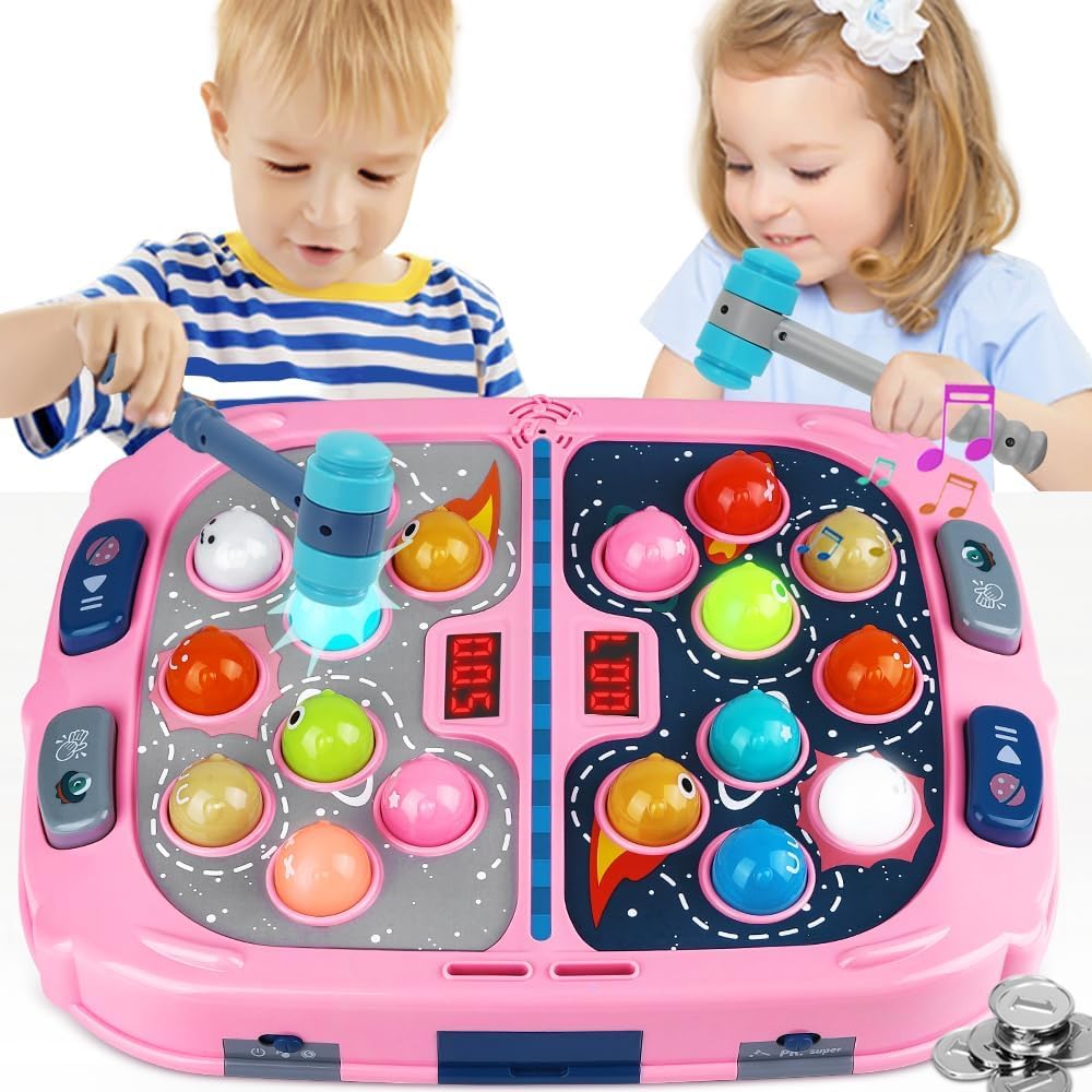Guffawz Whack-a-Mole Game for Kids, Interactive Hammer Toy with Lights & Sounds, PK Mode with 2 Hammers, Educational Pounding Game for Kids Ages 3-8, Gifts for Boys & Girls(Pink)