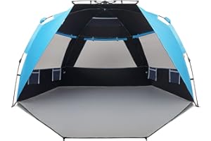 Easthills Outdoors Instant Shader Dark Shelter XL Beach Tent 99" Wide for 4-6 Person Sun Shelter UPF 50+ with Extended Zippered Porch Pacific Blue