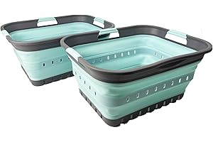SAMMART 42 (11 Gallons) Collapsible Plastic Laundry Basket, Foldable Pop Up Storage Container/Organizer, Space Saving Hamper, Portable Bin for Dorm Room Bathroom (2, Grey/Lake Green)
