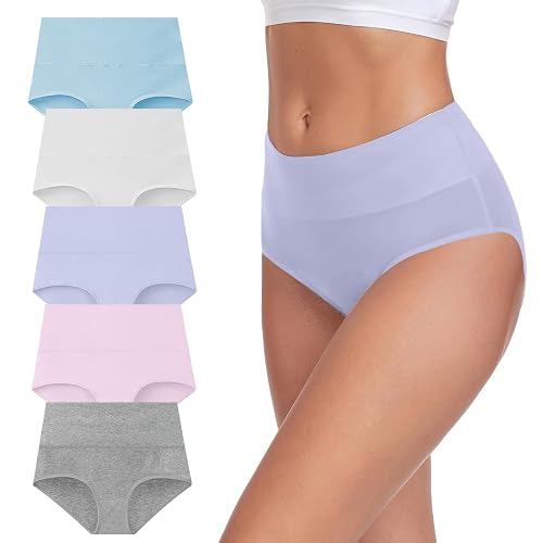 Women's Knickers, 5 Pack Cotton Underwear High Waisted Full Briefs, Ladies Soft Tummy Control Pants, Breathable Comfortable Everyday Panties for Women