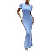 VintageClothing Women's Summer Bodycon Maxi Dress Casual Short Sleeve Y2k Sexy Tight Long Dresses Lounge Ribbed Tshirt Dress