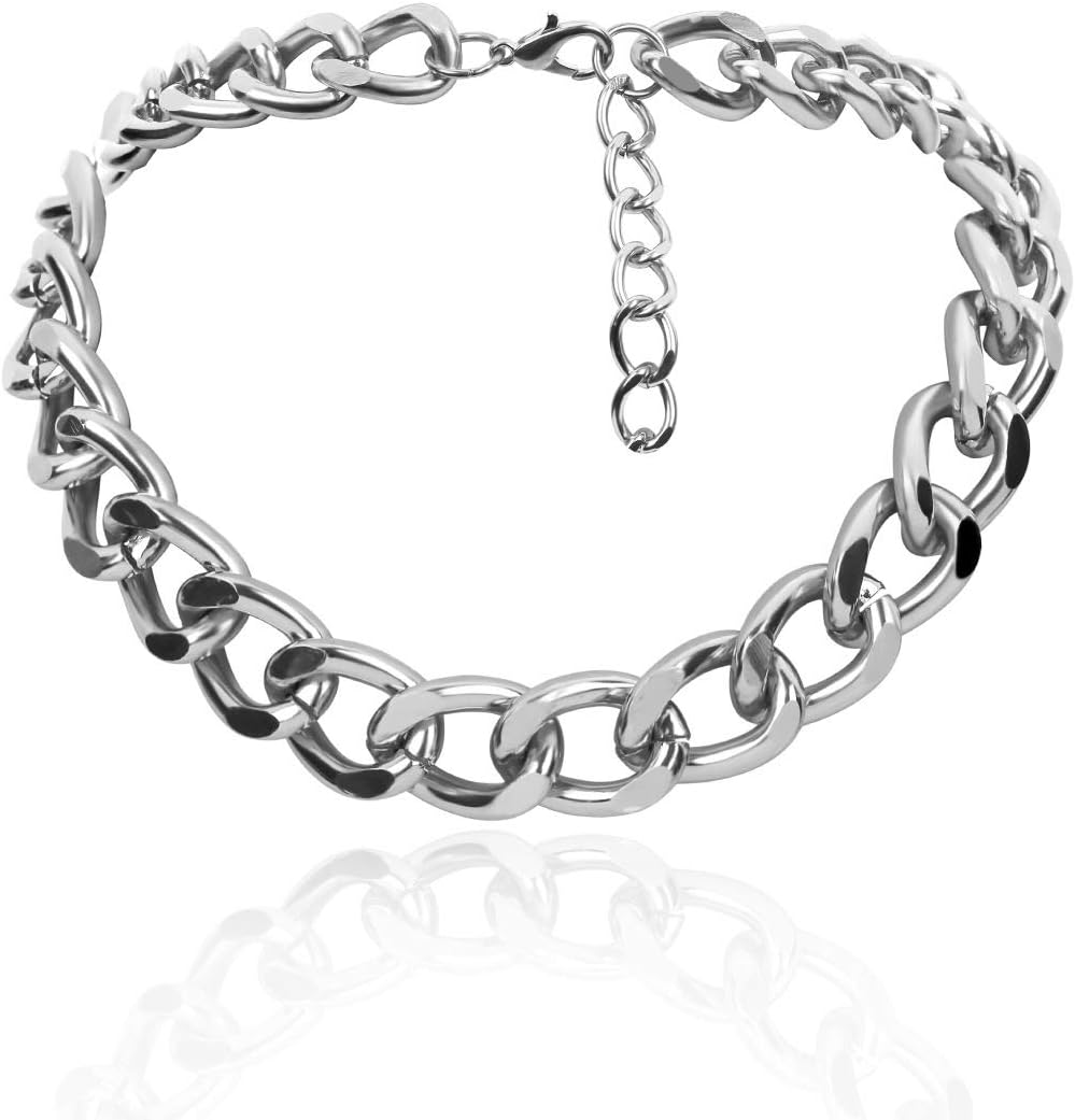 JKJF Chunky Necklace Choker Necklace Punk Cuban Gothic Chain Silver Statement Metal Collar Necklace - Silver Style 1