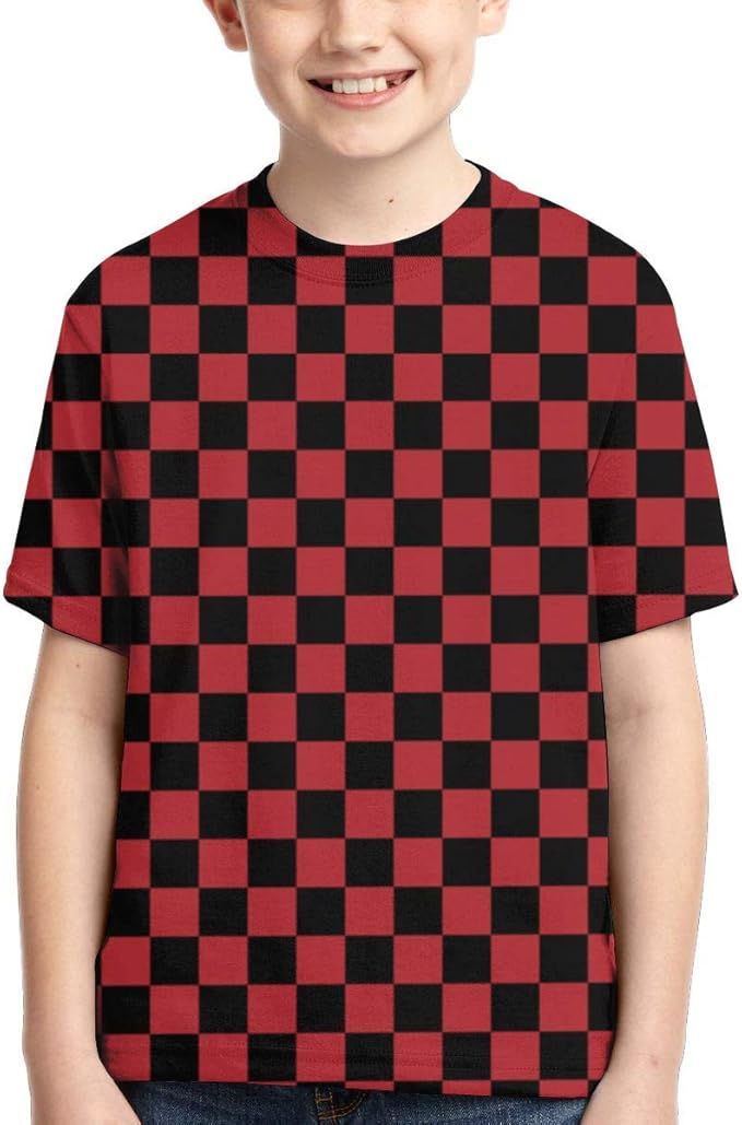 Boys TShirt Print Tee Youth Fashion Tops Checks Dark Red Black Amazon