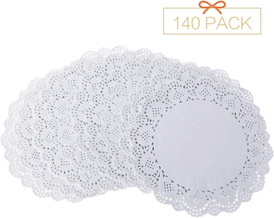 Lucky Monet 140Pcs Round/Rectangle Lace Paper Doilies Disposable Paper Doily Placemats for Party Wedding Tableware Decoration Cake Desserts Baking (Round, 4.5”)