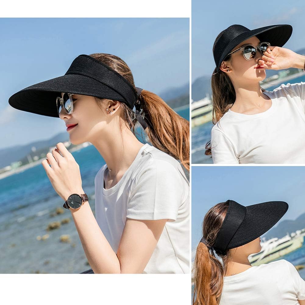 Sun Visor Hats Women Large Brim Summer UV Protection Beach Cap Black at  Women’s Clothing store