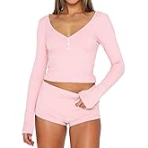 INFITTY Womens Sexy Vneck 2 Piece Sets Casual Long Sleeve Button Short Pajama Outfit 2026 Trendy Crop Top Nightwear