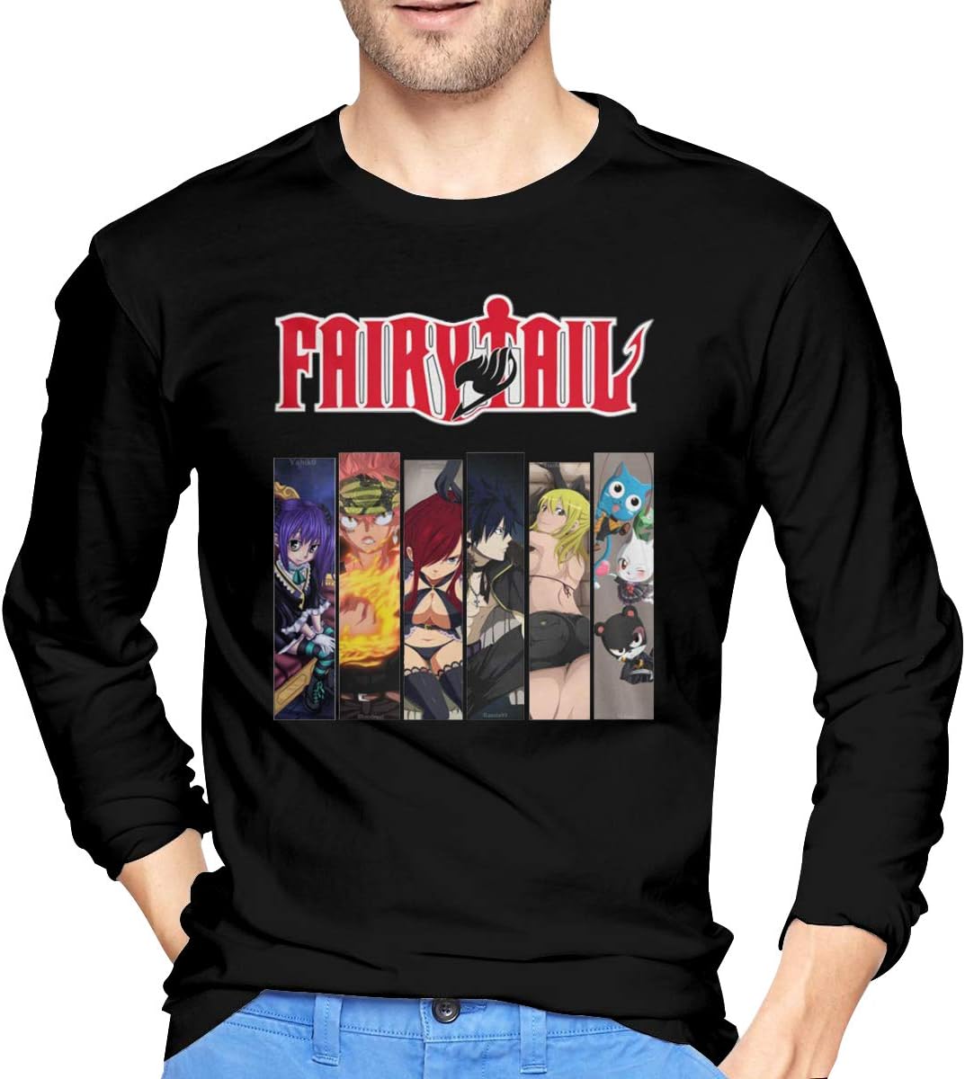 Hip Hop T-Shirts for Men Fairy Tail (2 Tee Rock Band Funny Round Neck Long Sleeve Blouse Shirt Black