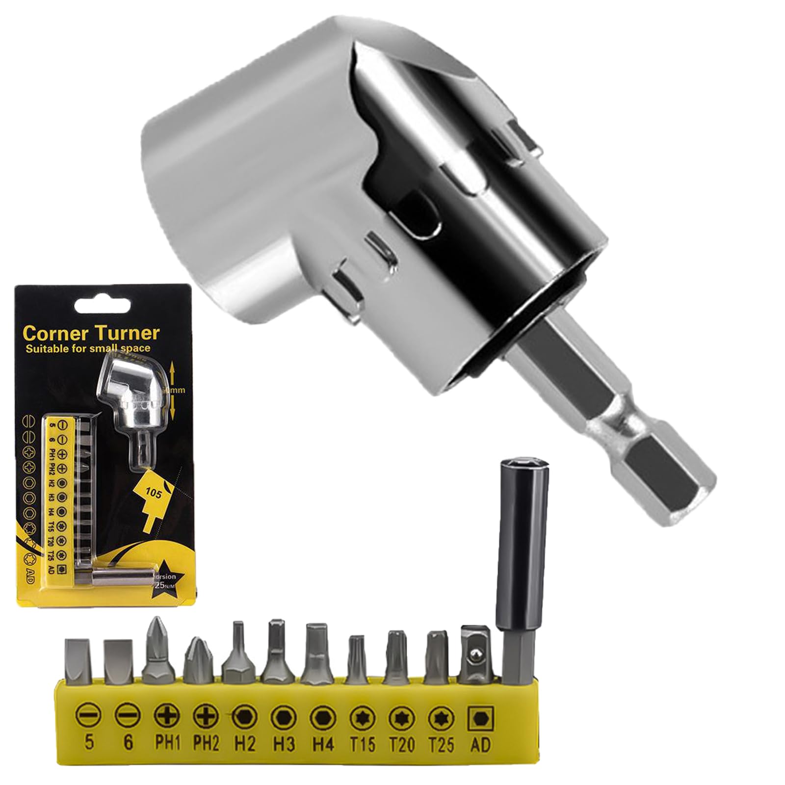 Photo 1 of 105 Degree Right Angle Drill Adapter Kit, Upgraded Corner Tool Screw Hub Including 12Pc Multifunctional Screw Bits Suitable for Home and Workshop Varity of Tight Space Drilling Screwdriving (Short)