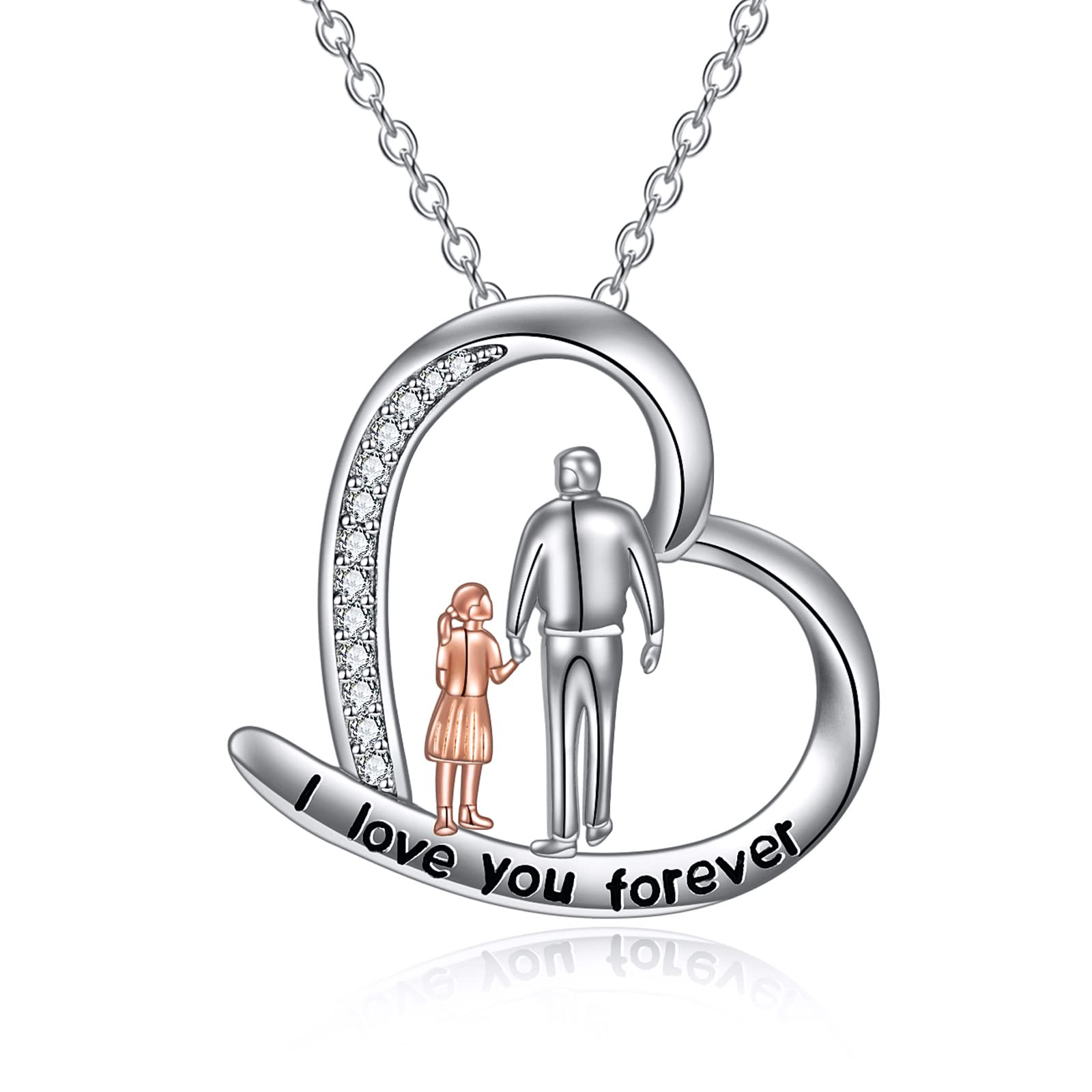 TOUPOP Sterling Silver Daughter & Father Necklace - Heart Pendant for Teen Girls - Engraved 'I Love You Forever' - Christmas & Birthday Gifts from Dad