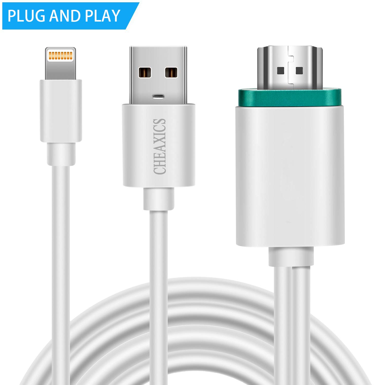 CHEAXICS Compatible with iPhone X 8 7 6 5 iPad iPod HDMI Cable, Digital AV Adapter, 2018 Latest Plug and Play 1080P Audio AV Connector (White+Green)