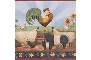 CONCORD WALLCOVERINGS ™ Wallpaper Border Vintage Country Pattern Farm Animals Cow Sheep Pig Dug Chicken Rooster Sunflowers for Cottage Dining Area, Multicolored, 10 Inches by 15 Feet KR2532B