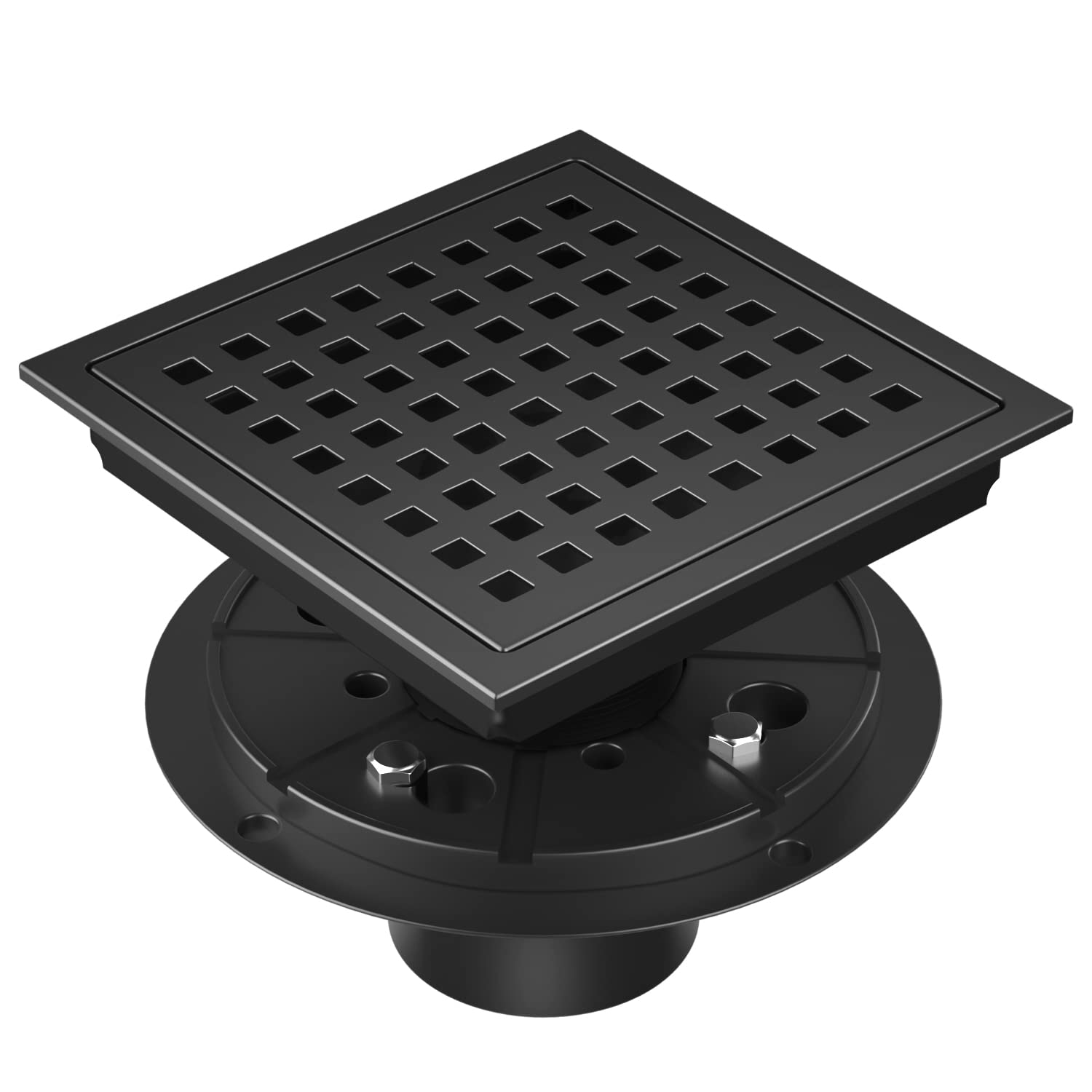 EXF Square Shower Drain 6 Inch Matte Black, Stainless Steel Shower Floor Drain Kit with ABS Flange, Removable Grid Grate, Hair Strainer, Not Fit for Bathtub