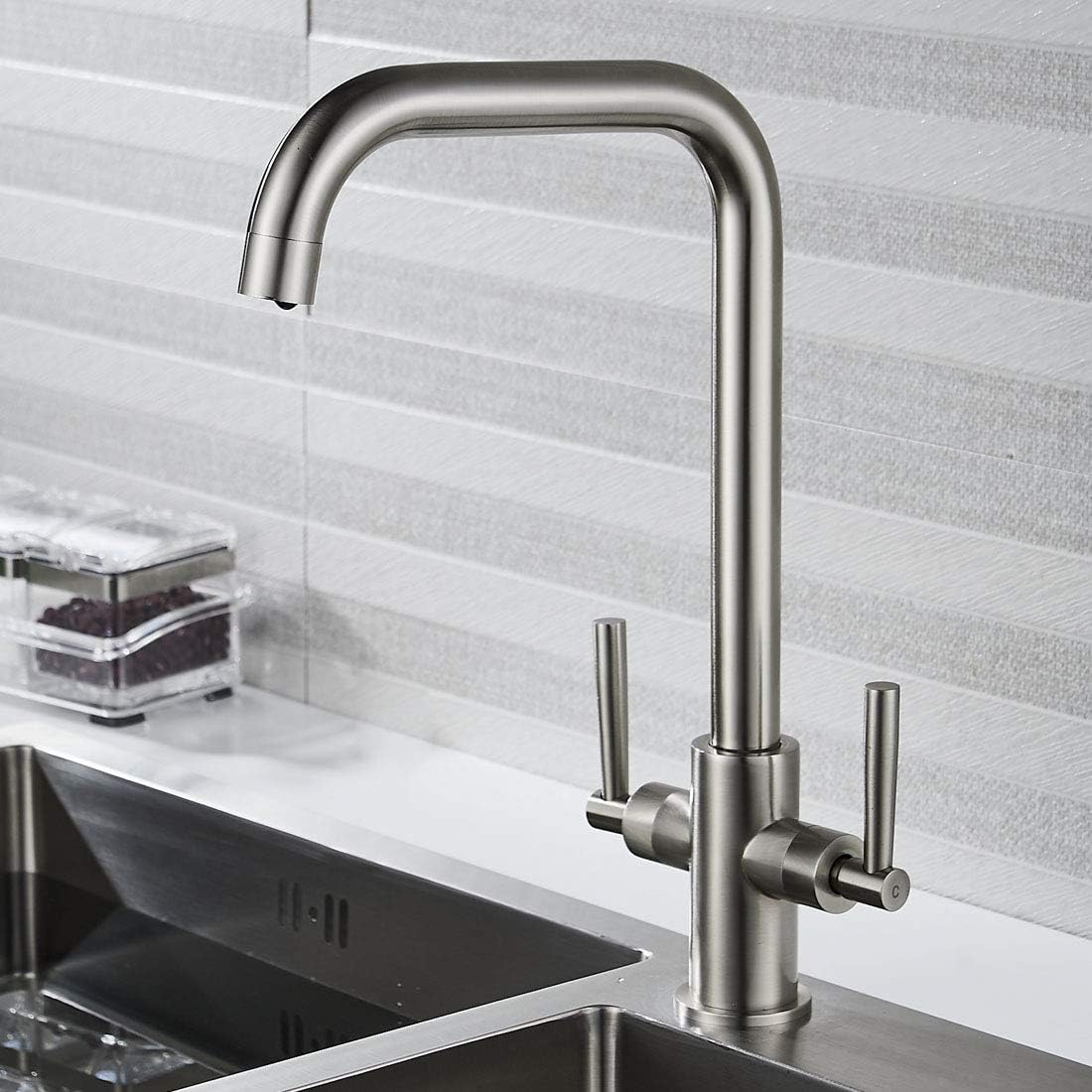 Luckyhome Kitchen Sink Mixer Tap, with Swivel Spout, Easy-Fit, Standard UK Fitting,Brushed Nickel, Black - Image 3