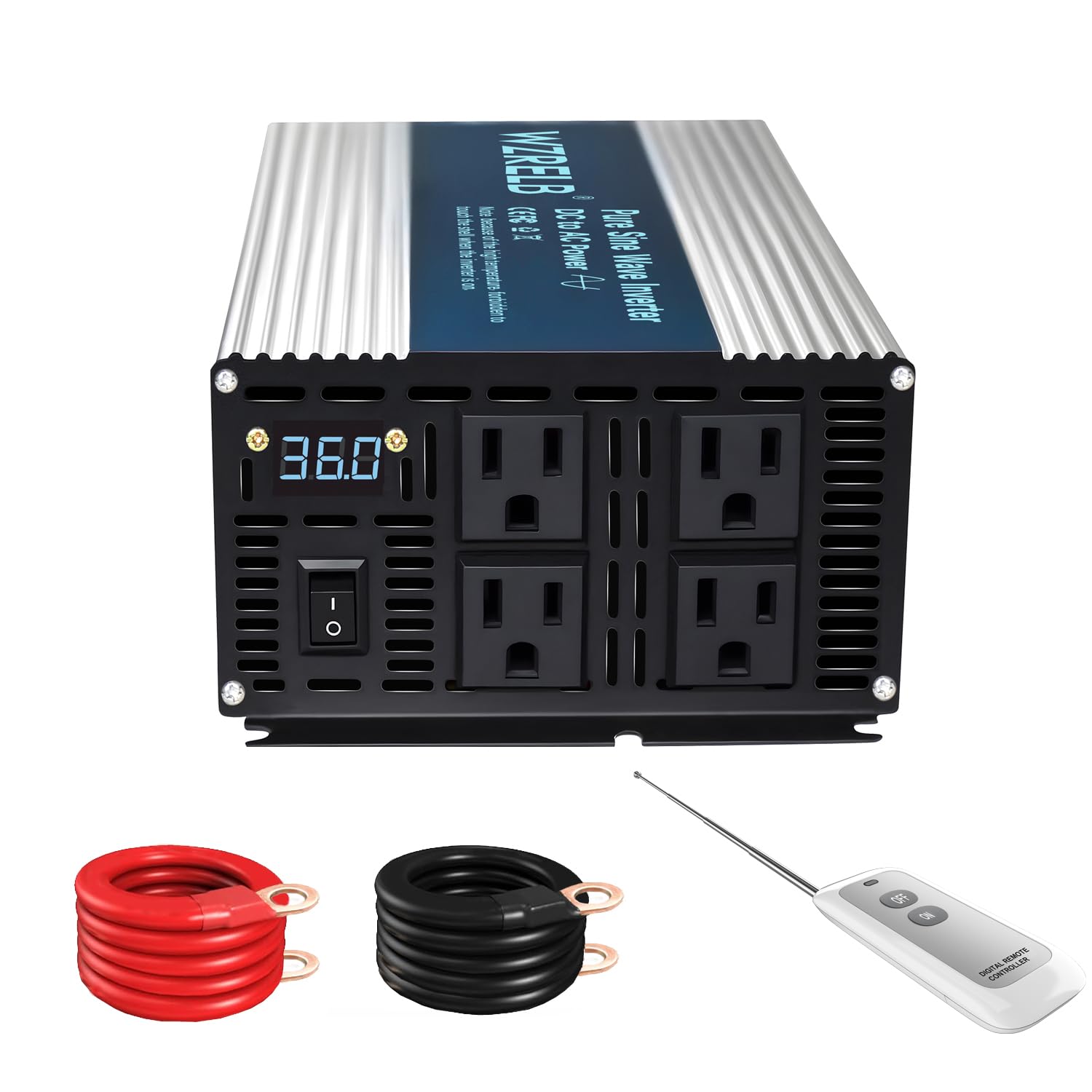 WZRELB 2000W Pure Sine Wave Inverter 36V DC to 110V 120V AC Power Converter with LED Display, Remote Controller, Off-Grid Power Inverter 4000W Surge with 4 AC Outlets,for Home, RV, Truck, Camping
