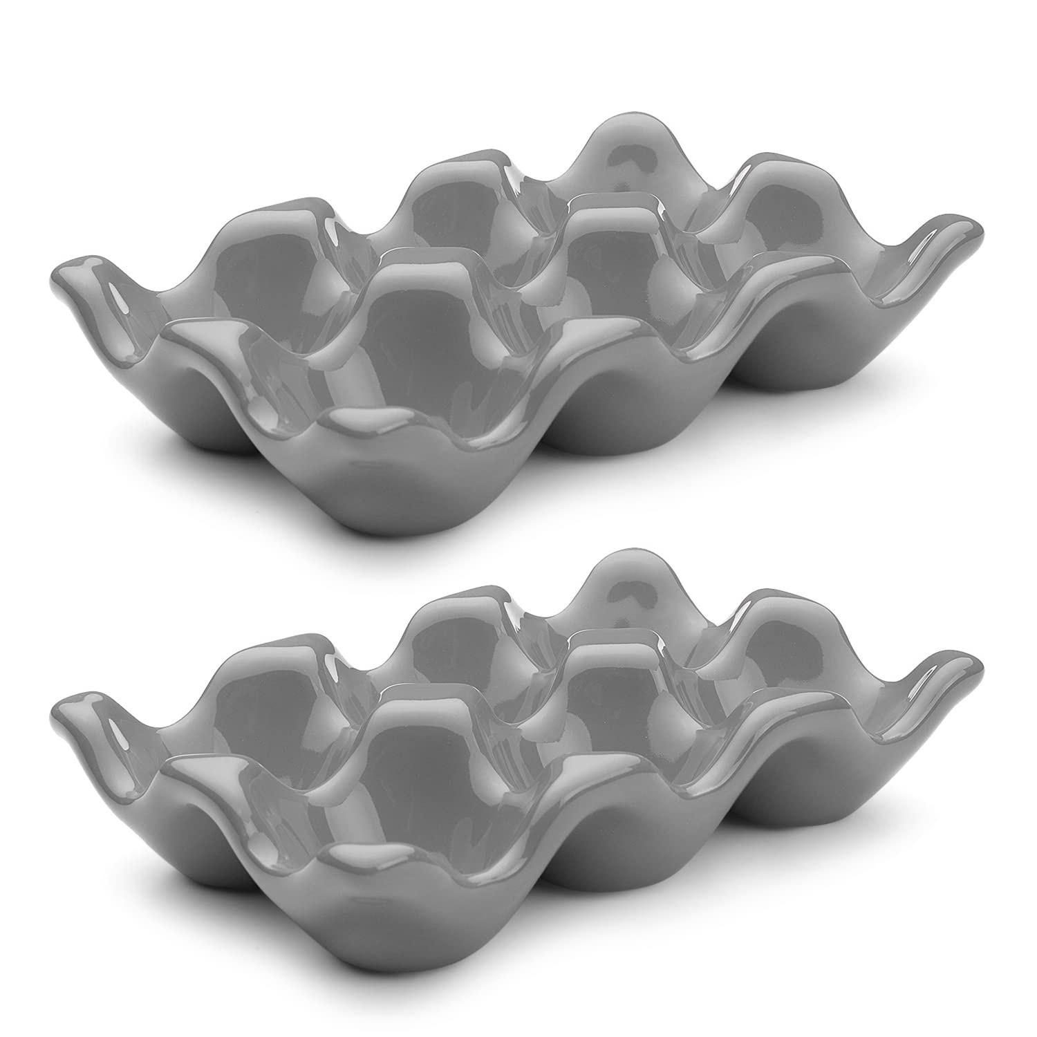 Flexzion Porcelain Egg Crate - 6-Egg Capacity Ceramic Egg Tray, Half Dozen Egg Holder for Fridge, Countertop Display - Gray Decorative Serving Dish and Storage Organizer, 2 Pack