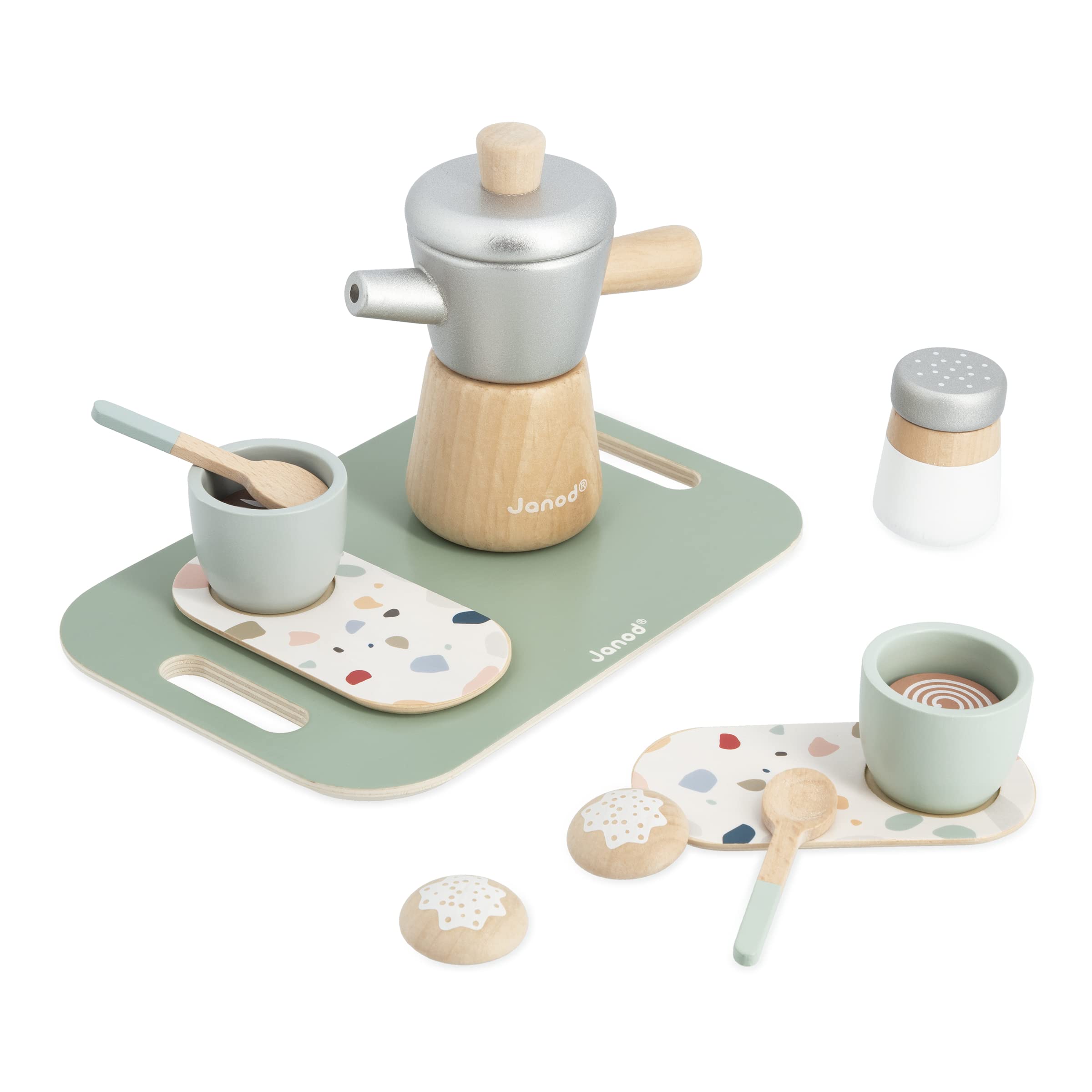 Janod - Italian-Style Coffee Set - 13 FSC Wood Accessories - Pretend Play Toy - Children’s Coffee Set - FSC Wooden Toy - 24 Months +, J06630