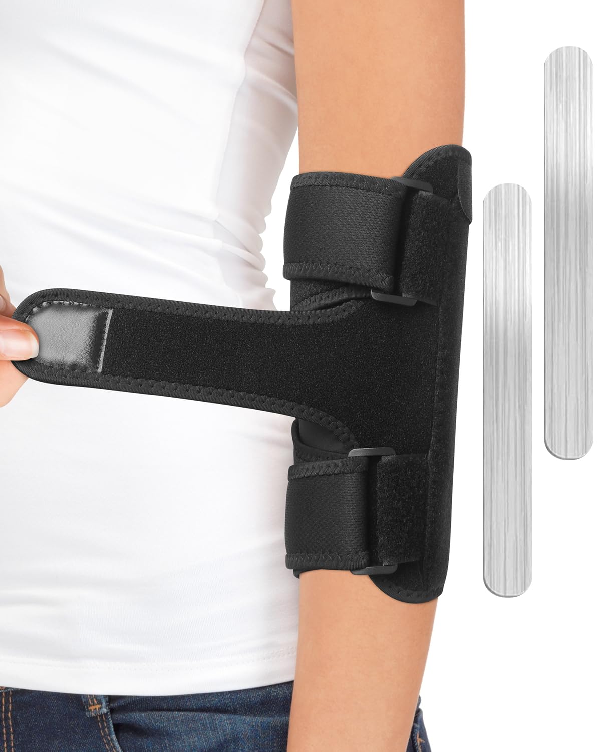 Photo 1 of Elbow Brace with 2 Removable Metal Splint for Sleeping, Adjustable Cubital Tunnel Brace with Compression Sleeve for Tennis Elbow, Ulnar Nerve Brace Fit Women Men Relief for Arthritis, Tendonitis