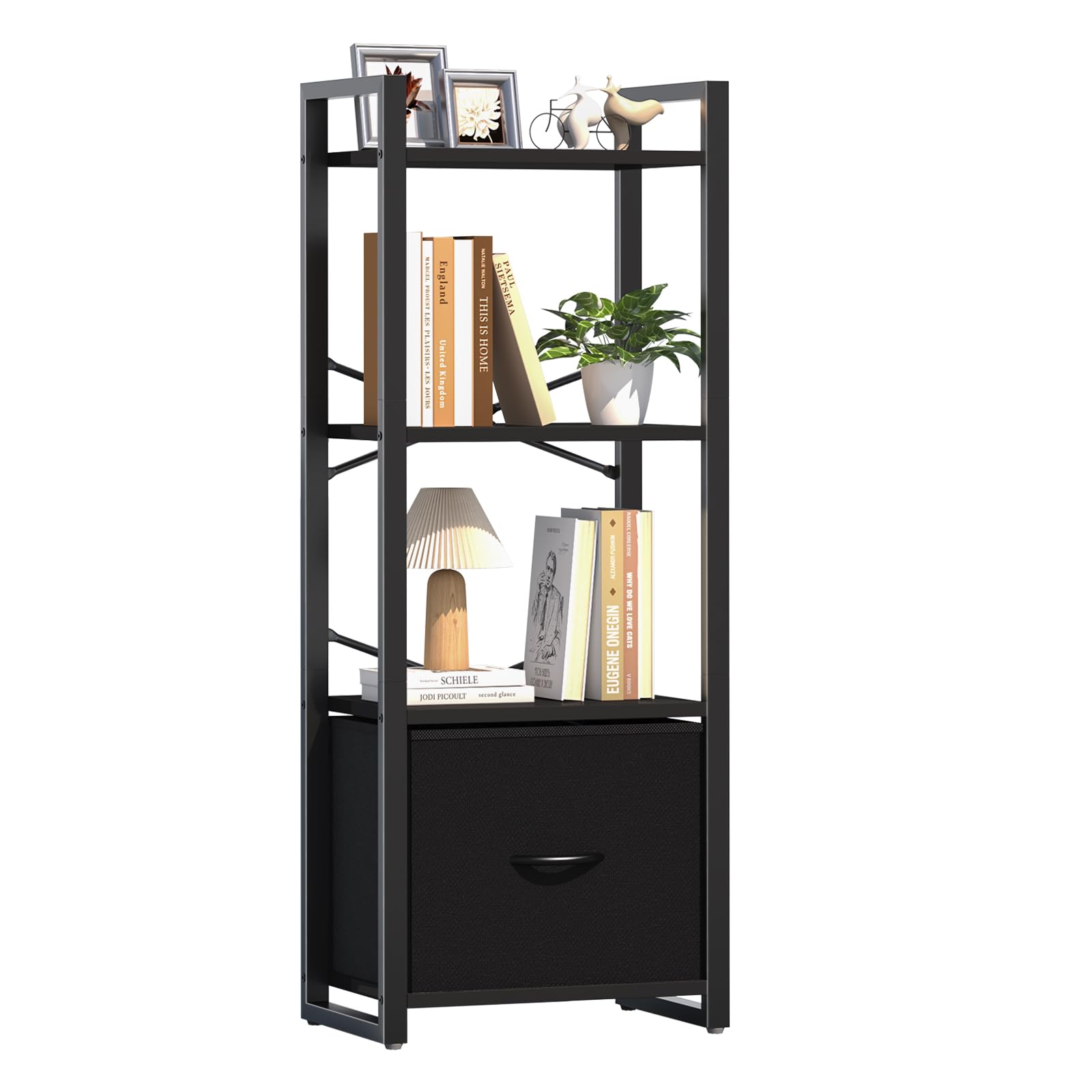Yoobure Bookshelf, 4 Tier Book Shelf with Drawer, Small Bookcase Narrow ...