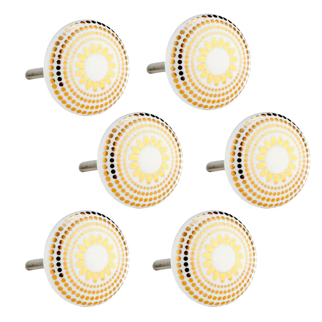 Set of 6 White and Gold Patterned Ceramic Porcelain Cupboard Cabinet Drawer Door Knobs Handles Pulls (White & Gold Patterned Ceramic Cupboard Knob)
