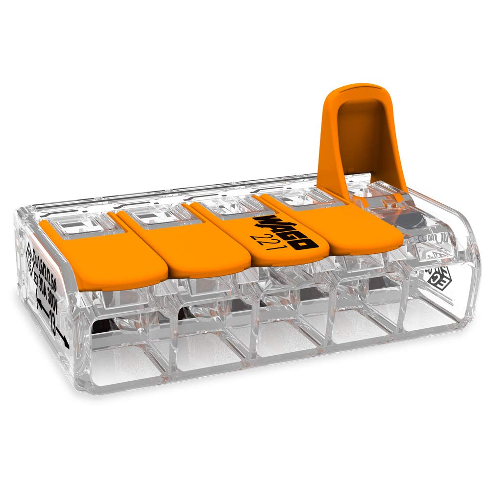 WAGO Compact Splicing Connector, for all conductor types, max.6 mm², 5-conductor,with levers, transparent housing, Surrounding air temperature, max 85°C (T85), 6,00 mm², transparent, 221-615 (15 pcs) — image 1