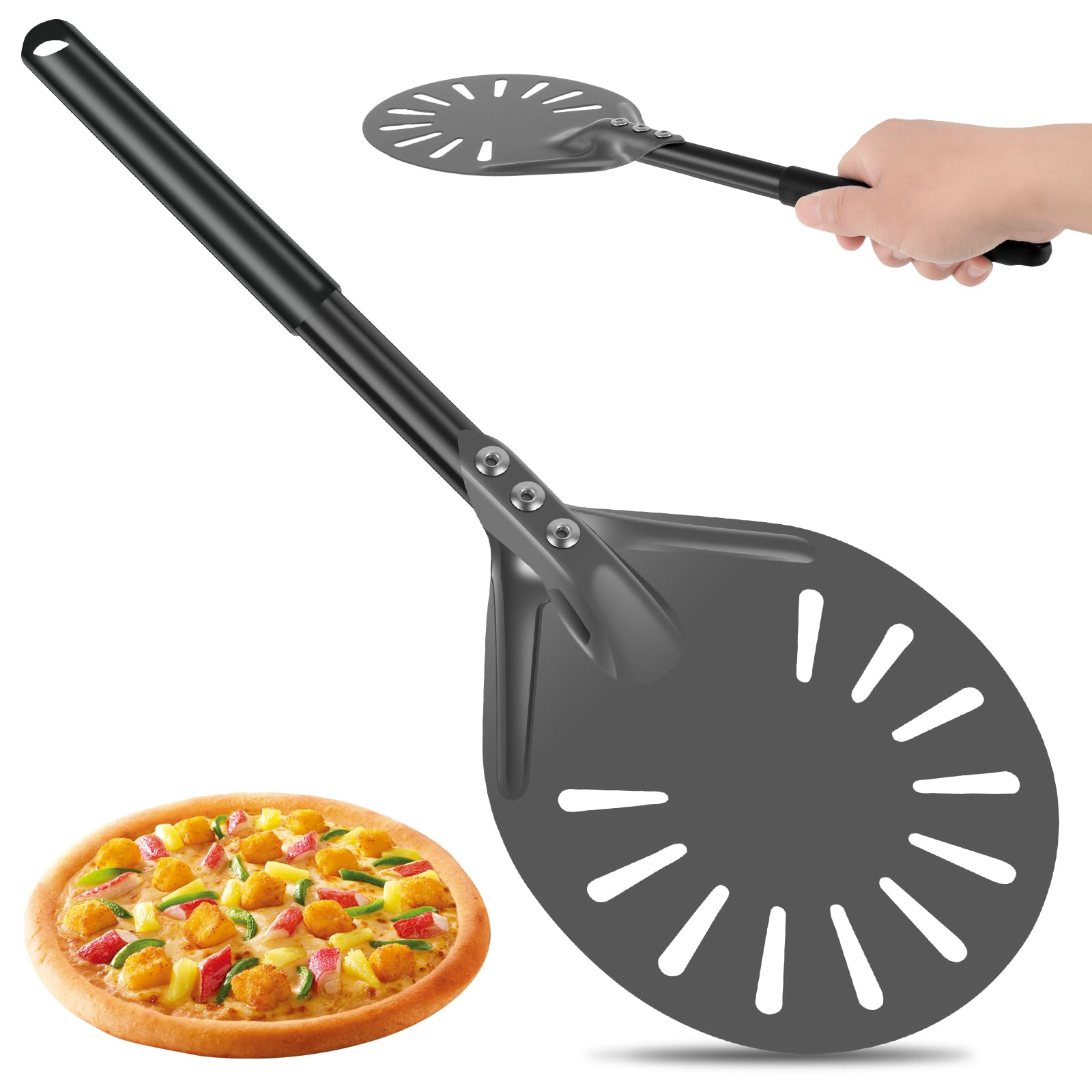 QINGLANG Pizza Turning Peel 6 Inch Round Perforated Pizza Peel with Non-slip Heat Resistant Long Handle Aluminum Pizza Shovel Oven Accessories for Homemade Pizza and Bread