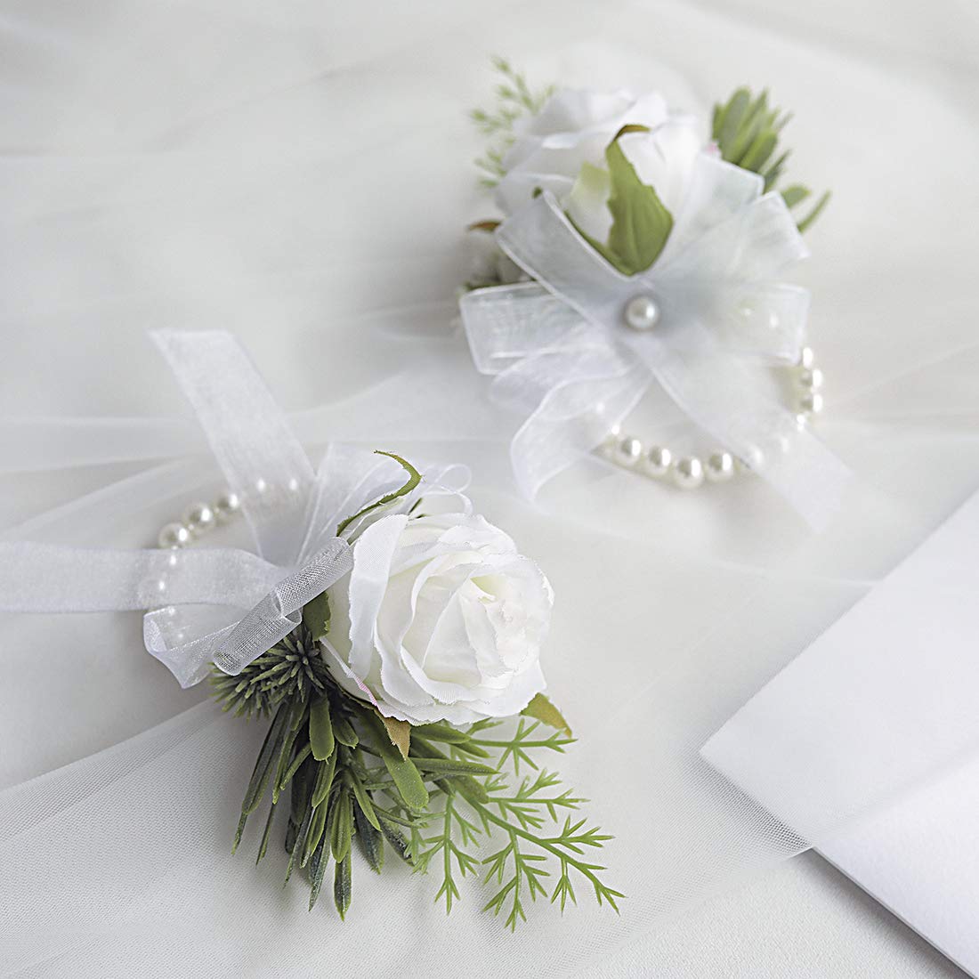 Floroom Ivory Rose Wrist Corsage Wristlet Band Bracelet for Women Bride Bridesmaid White Wedding Prom Set of 2