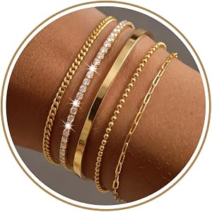 Dainty Gold Bracelet for Women Trendy Non Tarnish, Thin Bracelets Stackable Set with Bangle Cuff, Box, Herringbone, Paperclip