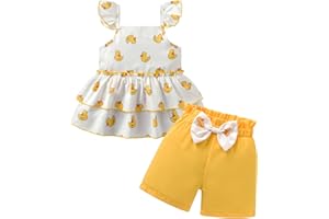Toddler Girls Summer Outfit Infant Cute Yellow Duck Print Ruffle Strap Top Bow Shorts Set