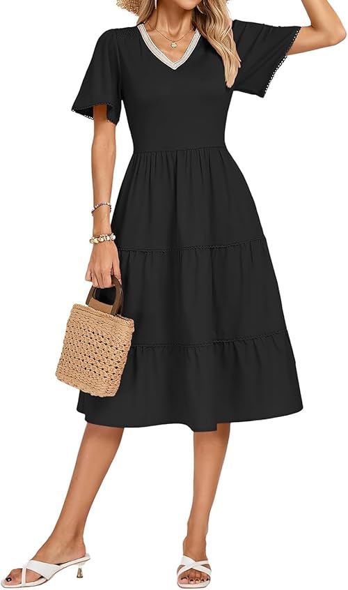 Kate Kasin Ladies Flowy Midi Dress V-Neck Short Sleeve Tiered Skirt A-Line Silhouette Contrast Fabric Casual Elegant Party Wedding Guest Dresses Black M