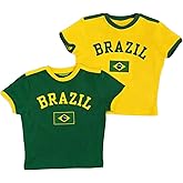 WDIRARA Women's 2 Pack Brazil Shirts Letter Graphic Crew Neck Short Sleeve Tee Y2k Crop Tops