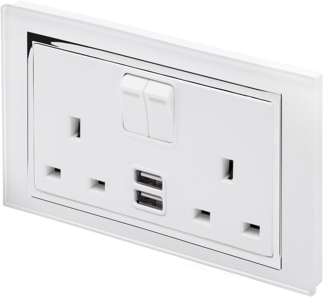RetroTouch Double Switched 13A Plug Socket 2.1A USB 13A White Glass CT