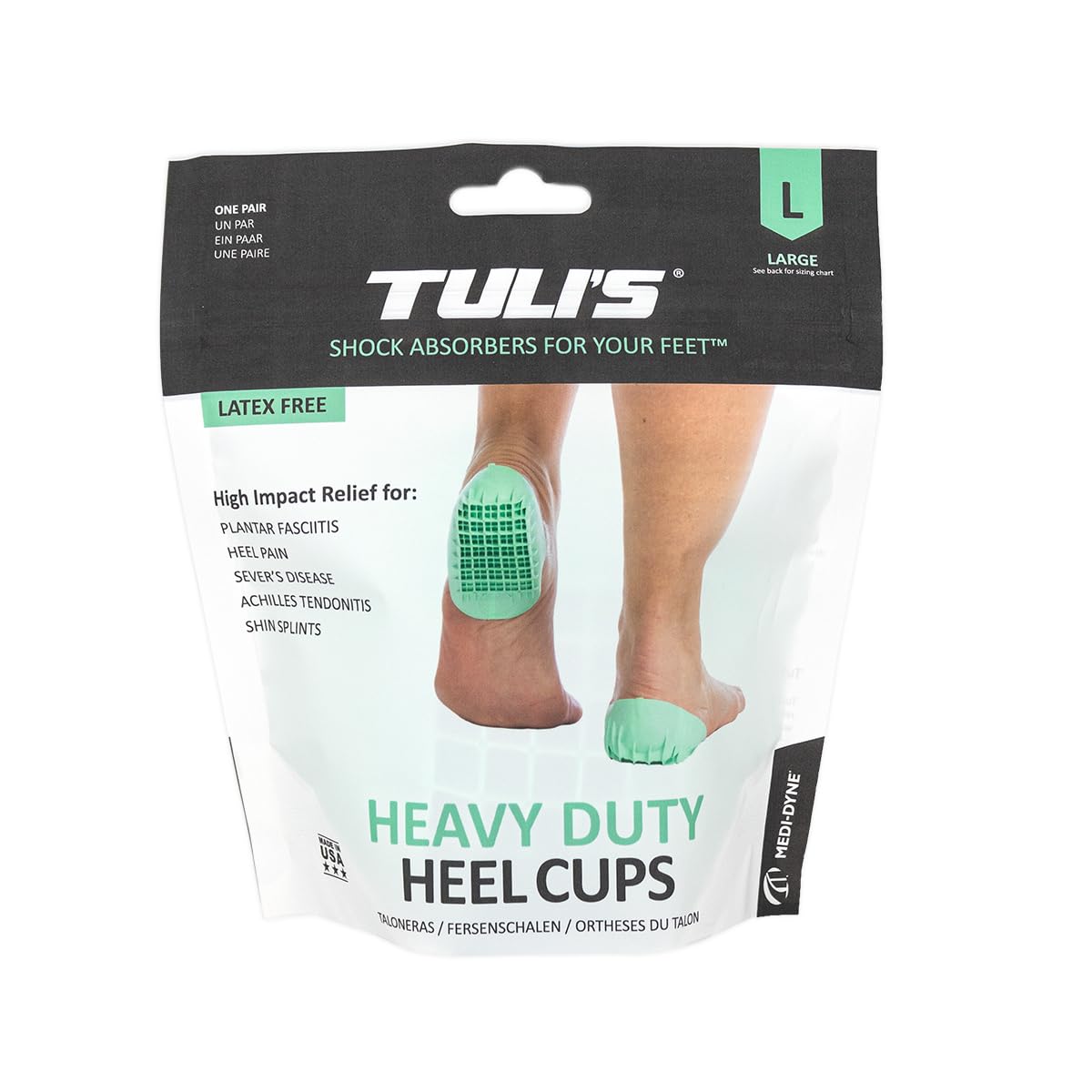 Tuli's Heavy Duty Heel Cups, Cushion Insert for Shock Absorption, Plantar Fasciitis, Sever’s Disease and Heel Pain, Made in the USA, Regular, 1 Pair