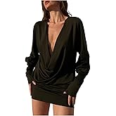 MakeMeChic Women's Spring Mini Dress Long Sleeve Cowl Neck Draped Y2K Short Bodycon Dresses