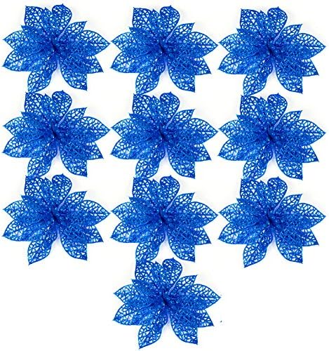 Ninko 10 Pieces 15 cm Blue Artificial Hollow Poinsettia Flower For Christmas Tree Wreath House Decoration Blue Flower With Shining Edge