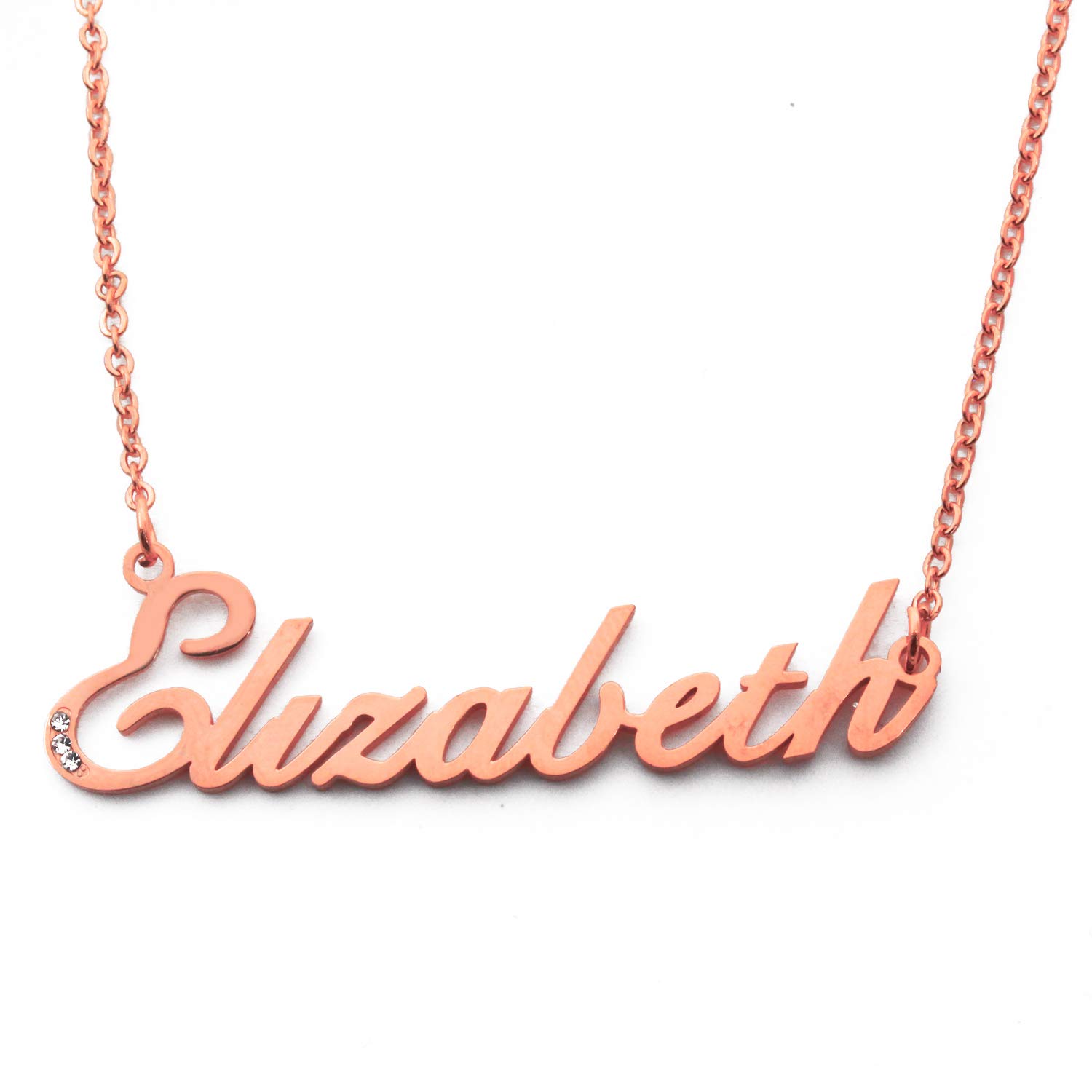 Kigu Elizabeth Name Necklace Personalised Rose Gold Plated Inc Crystals, Custom Dainty Name Pendants, Jewellery for Ladies, Girlfriend, Mother, Sister, Friends Inc Bag & Box