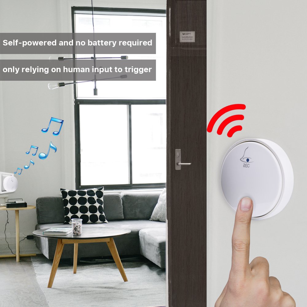 Ankuoo REC Self-Powered Wireless Doorbell, No Battery Required For Transmitter Or Receiver, White