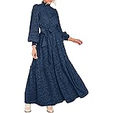 MITILLY Women's Fall Dresses Elegant Floral High Neck Long Sleeve Elastic Waist Formal Maxi Dress with Belt