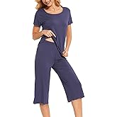LazyCozy Womens Pajama Sets Viscose from Bamboo Pj Set Short Sleeve Top with Capri Pants Sleepwear 2 Piece Lounge Set