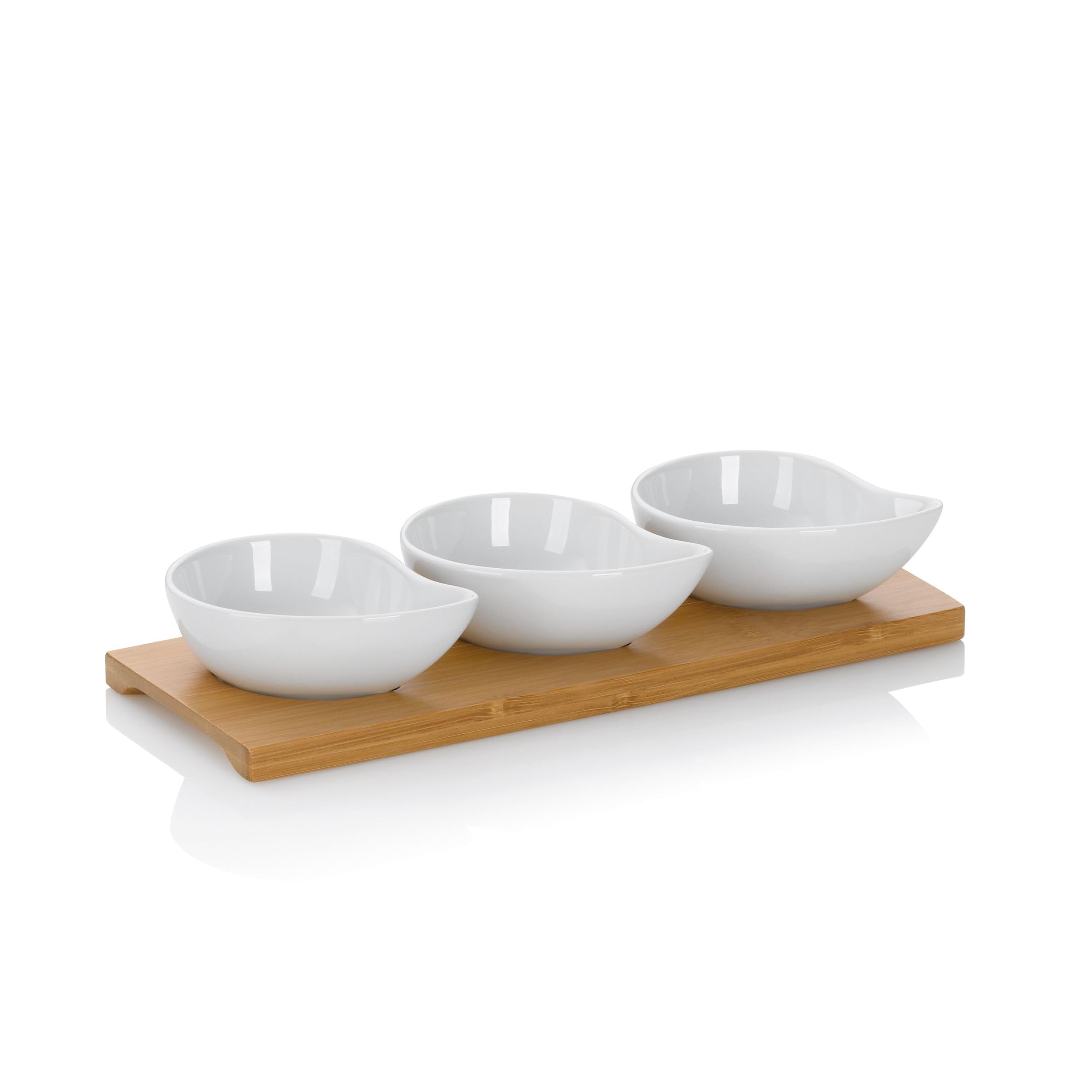 kela serving bowl set 4pcs PHILIPA, porcelain snack bowls with bamboo serving plate, drop shape, dip bowl set white