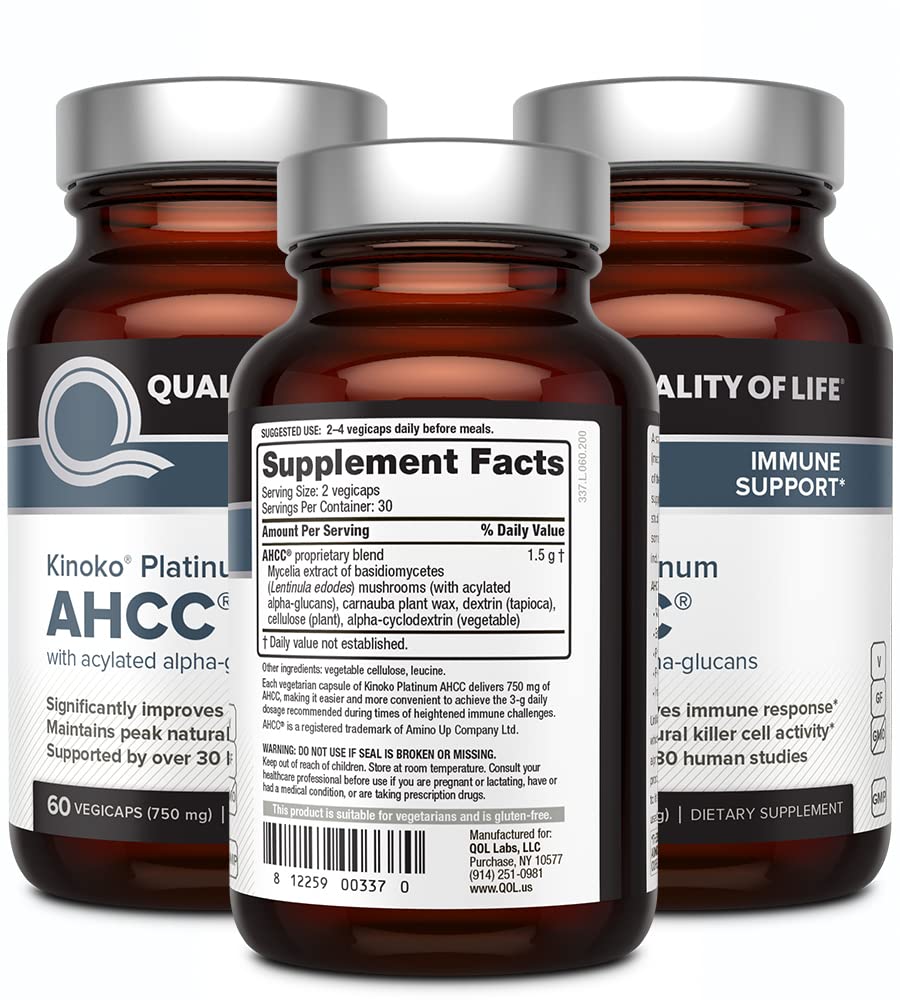 Quality of Life AHCC Kinoko Platinum 750 mg – Premium Immune Support Supplement, Pack of 3-60 Count Bottles