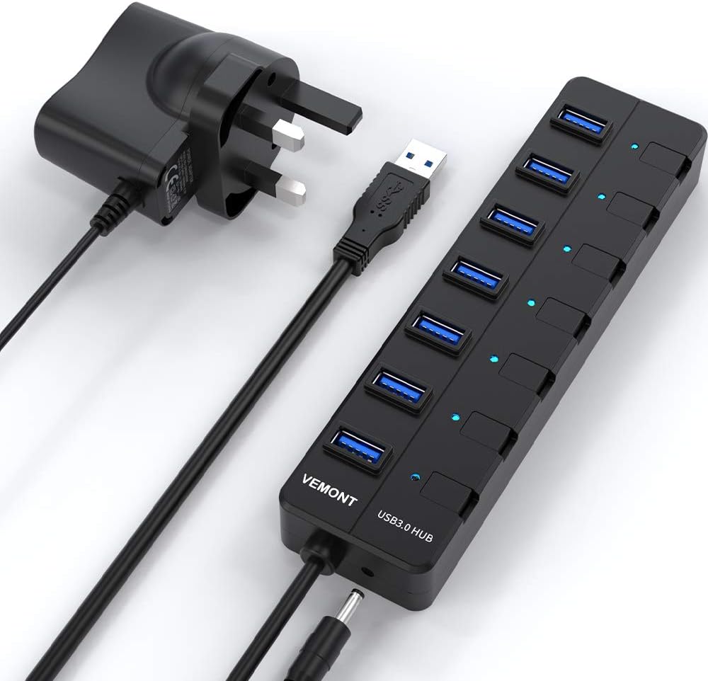 Powered USB Hub,VEMONT 7 ports SuperSpeed USB 3.0 Hub with Power Supply,USB Splitter Powered with Individual on/off LED Switches and 3.9ft/1.2m Long Cable for PC/Laptops/Ultrabooks/Desktops