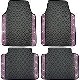 Universal Car Floor Mats,Faux Black Leather with Pink Diamond Carpet Glitter Crystal Rhinestones All Weather Waterproof Auto Liners Foot Pads Set